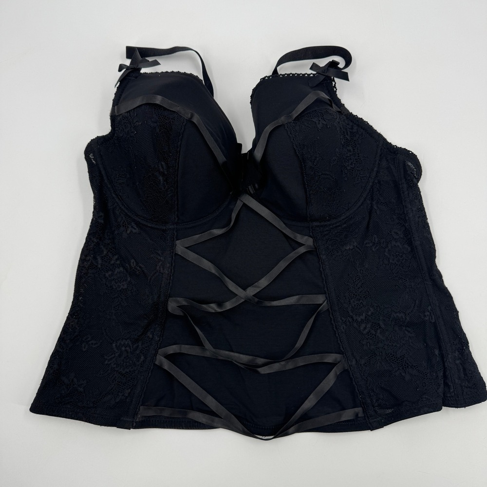 Adore Me‎ Bustier Top Womens 40DD Black Lace Mesh Faux Lace Up Ribbon Underwire